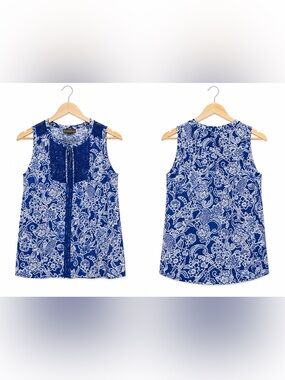 Women’s Rafaella Blue White Floral Sleeveless Top Medium Crochet Lace Blouse